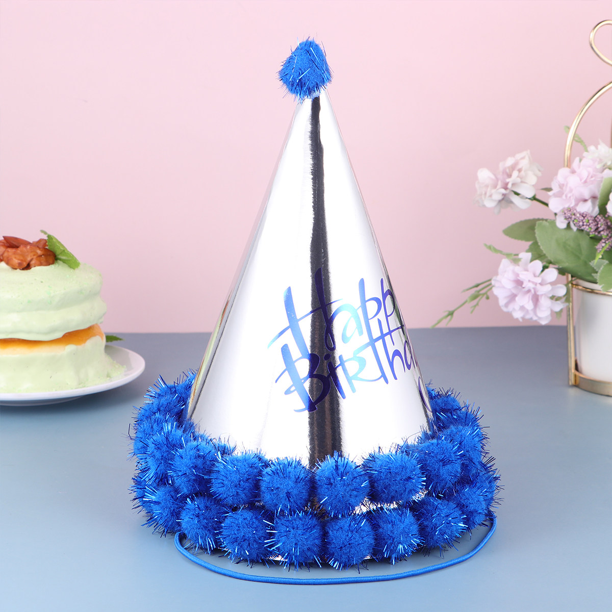 Party Hat Cone - 5 stuks donkerblauwe, glanzende papieren pomponhoedjes